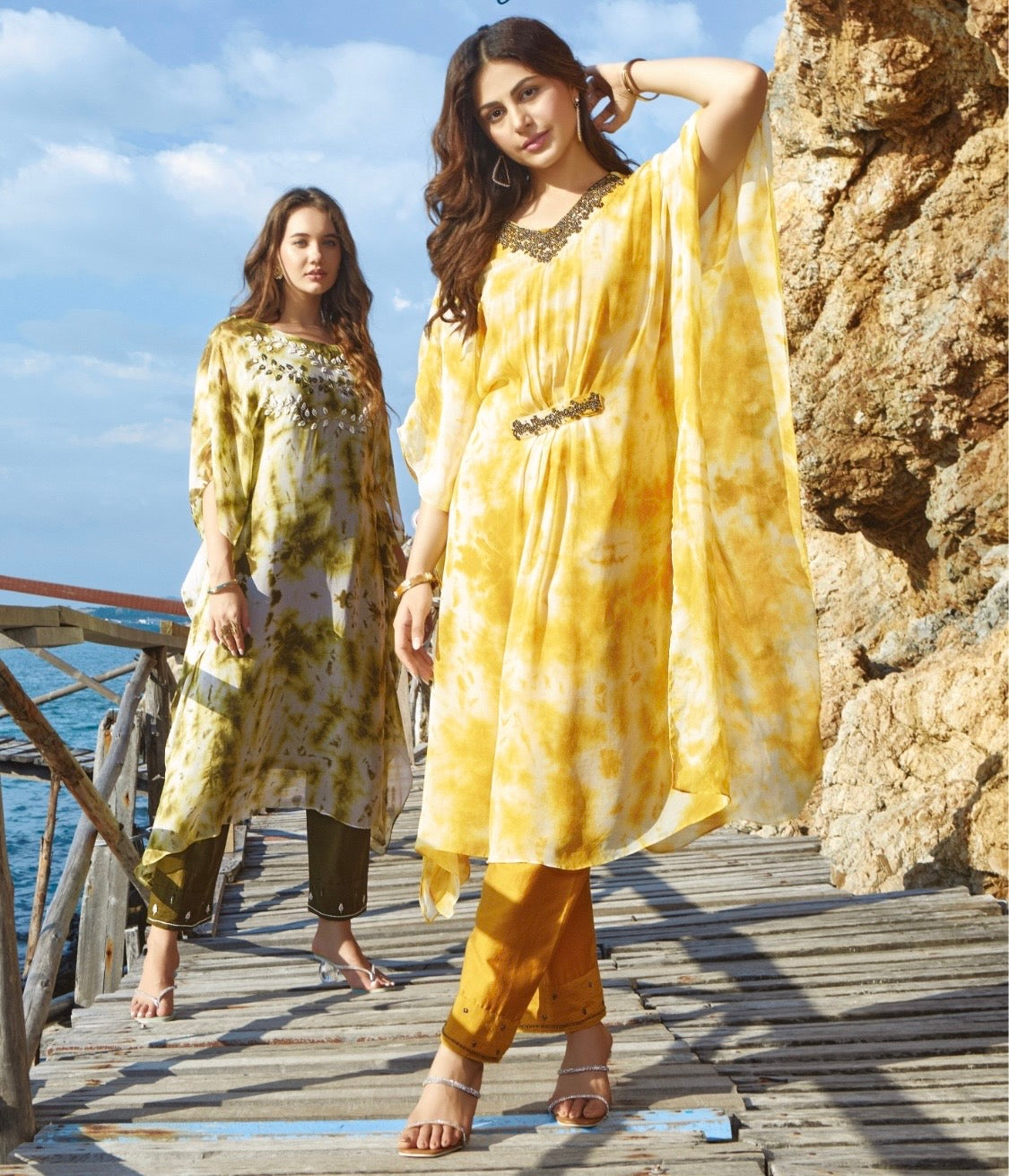 Pure Georgette Kaftan with Cotton Satin Pant and Hand Work for Women