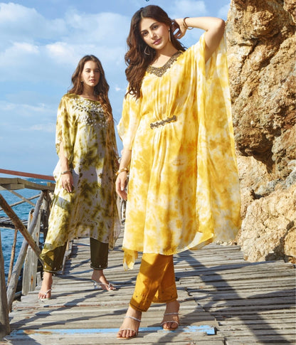 Pure Georgette Kaftan with Cotton Satin Pant and Hand Work for Women