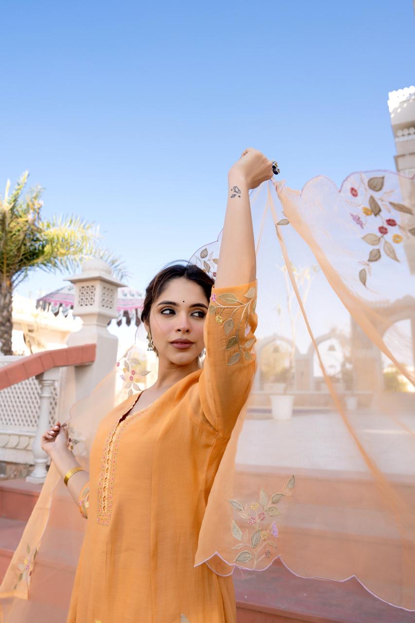 Mul Chanderi Kurta Pant Dupatta Set with Hand Embroidery and Work for Women