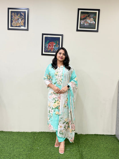 Women’s Linen Schiffli Embroidered Kurta Set with Cotton Pant and Viscose Mal Dupatta – L to 3XL
