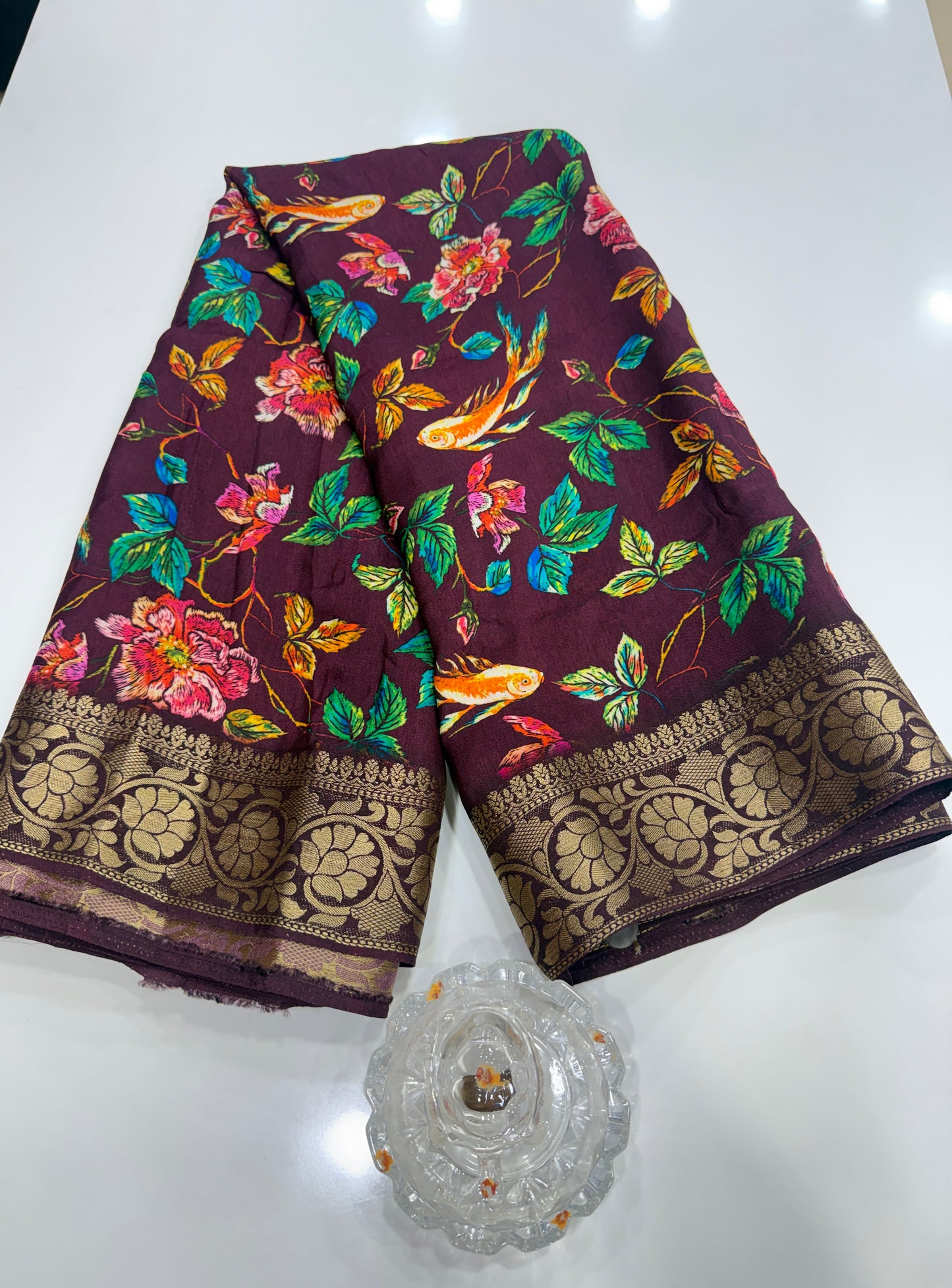 Pure Viscose Crepe silk saree with digital floral print and woven zari border for women