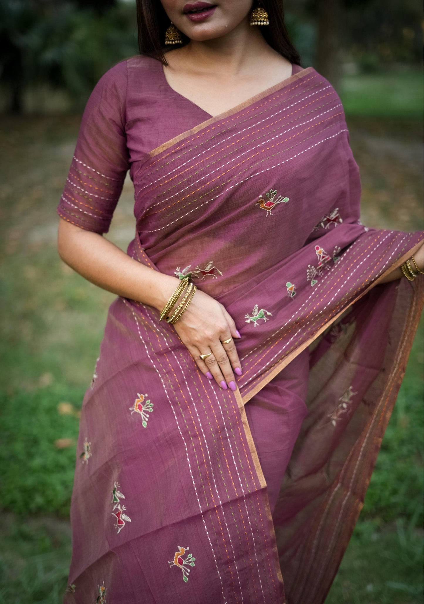 Handloom Tussar Silk Saree with Multicolour Kantha Stitch Border and Tassels – Women’s Ethnic Wear