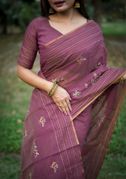 Handloom Tussar Silk Saree with Multicolour Kantha Stitch Border and Tassels – Women’s Ethnic Wear