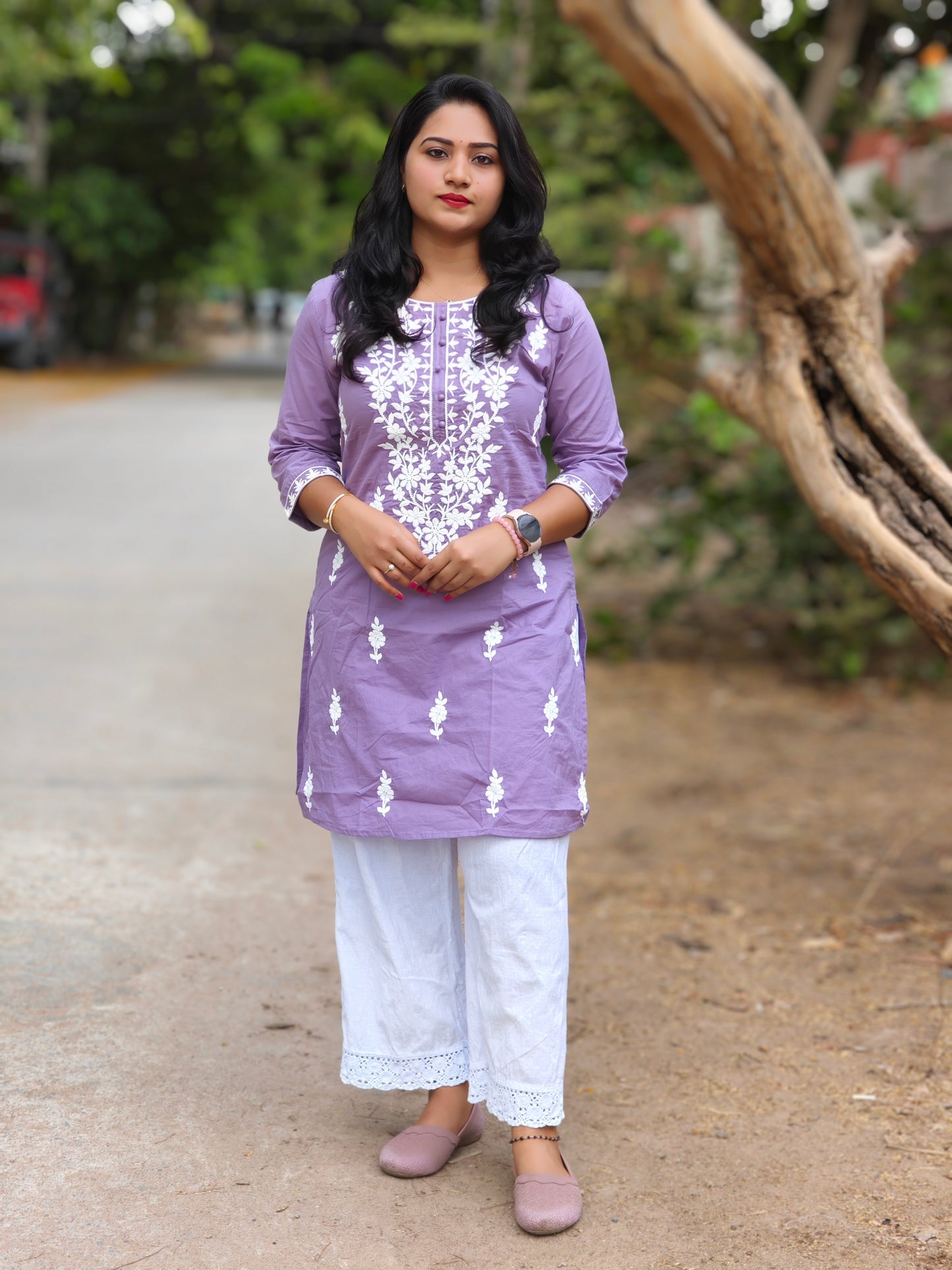 Lavender Cotton Chikankari Embroidered Tunic for Women – M to 2XL