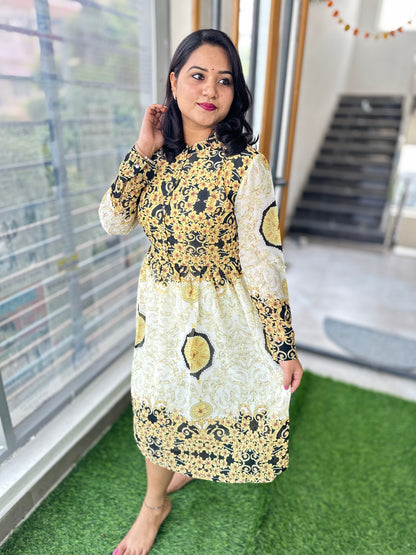 Women’s Indo-Western Chiffon Midi Dress with Digital Print and Flap Sleeves – Sizes 36 to 44