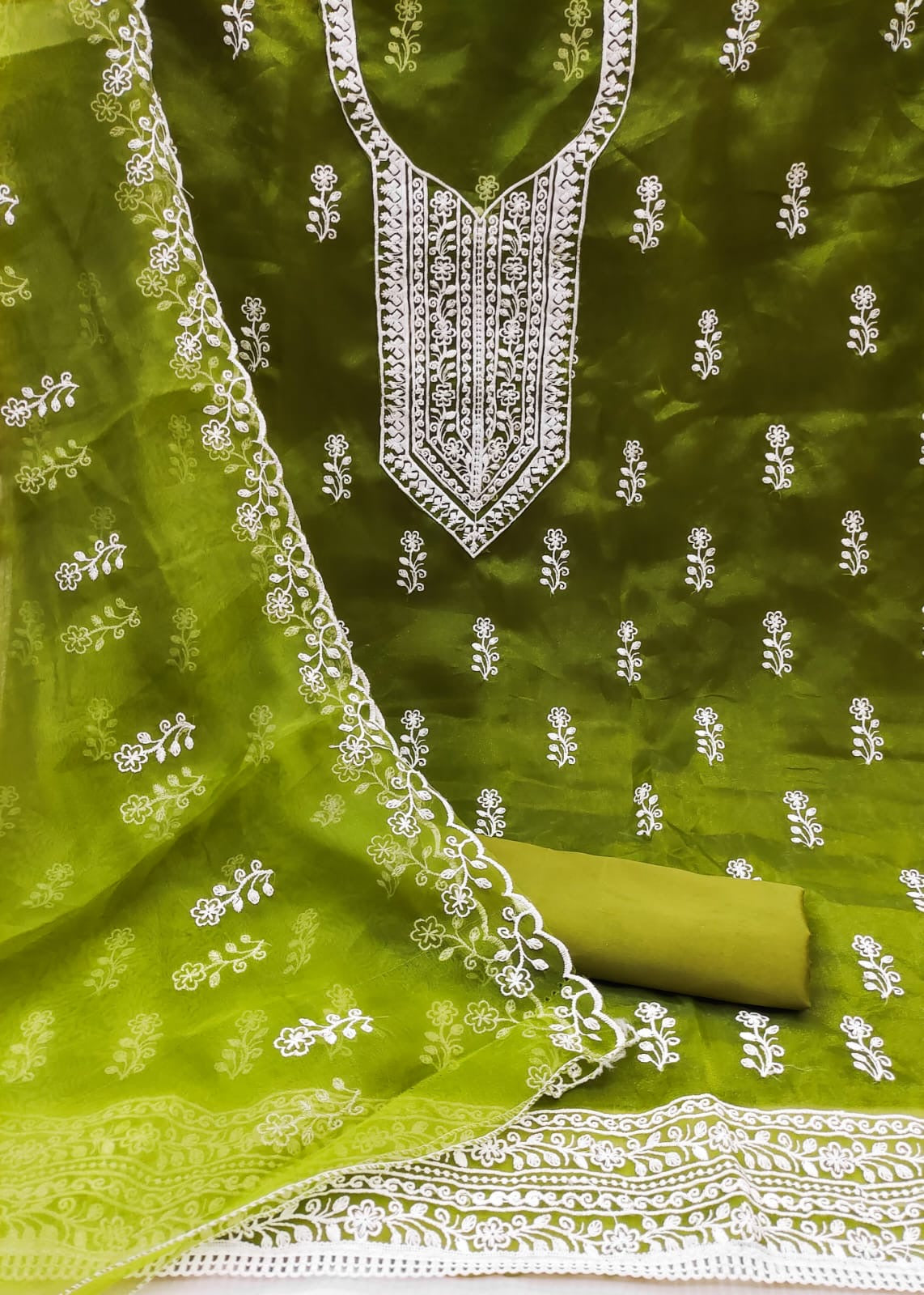 Unstitched Organza Silk Dress Material with Multi-Work Detailing, Micro Fabric Bottom and Organza Dupatta