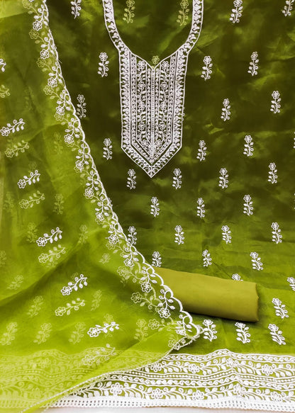 Unstitched Organza Silk Dress Material with Multi-Work Detailing, Micro Fabric Bottom and Organza Dupatta