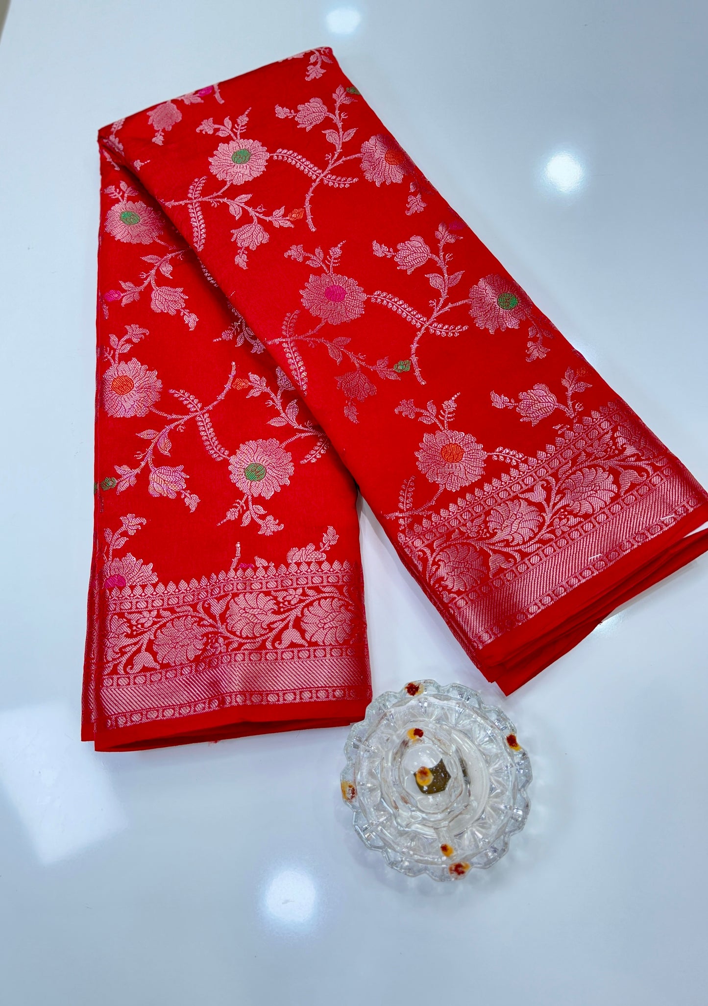 Banarasi Semi Dupion Silk Saree with Jaal Meenakari Design and Gold Zari Weaving Blouse Piece