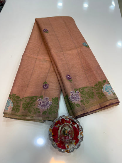 Tissue chanderi saree with floral border and tassel pallu, pastel printed saree for women