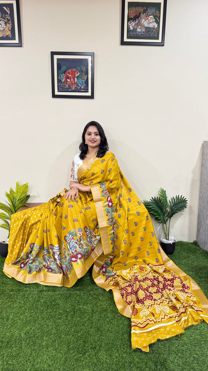 Handloom Semi Tussar Saree with Kalamkari Design and Silver Border for Festive Wear