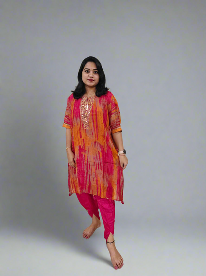 Habutai Silk Kaftan Kurti with Tulip Pant Set Featuring Mirror Embroidery and Tassels