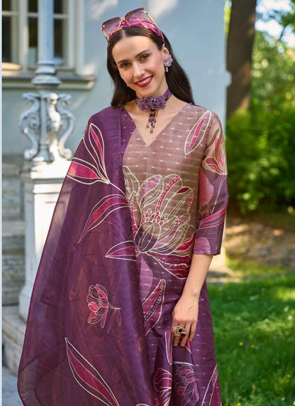 Jacquard Shimmer Kurta Pant Dupatta Set with Handwork and Digital Print Dupatta – L to 3XL