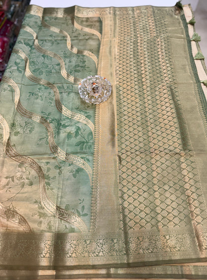 Bamboo Silk Floral Printed Saree with Rich Decorative Pallu, All Over Rich Leheriya Pattern