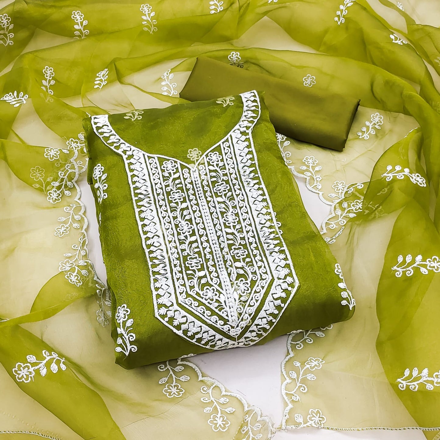 Unstitched Organza Silk Dress Material with Multi-Work Detailing, Micro Fabric Bottom and Organza Dupatta