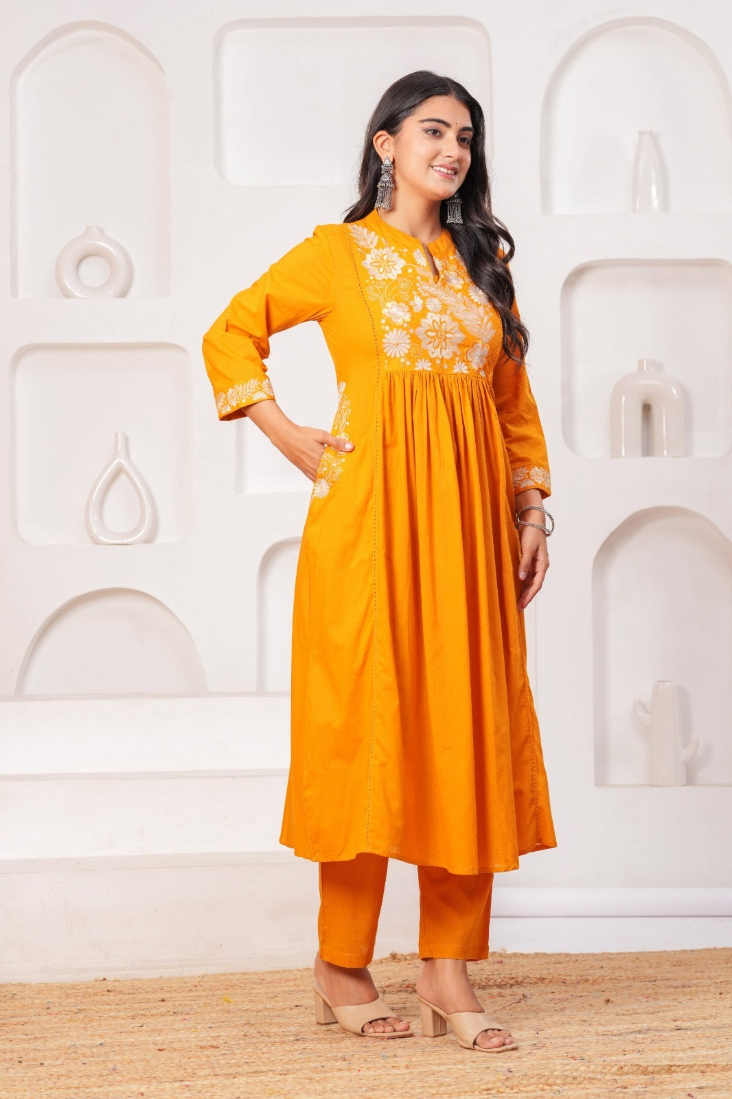 Cotton Mul Kurta Set with Hanging Embroidery Yoke, Cotton Pant and Motif Embroidered Dupatta