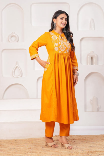 Cotton Mul Kurta Set with Hanging Embroidery Yoke, Cotton Pant and Motif Embroidered Dupatta