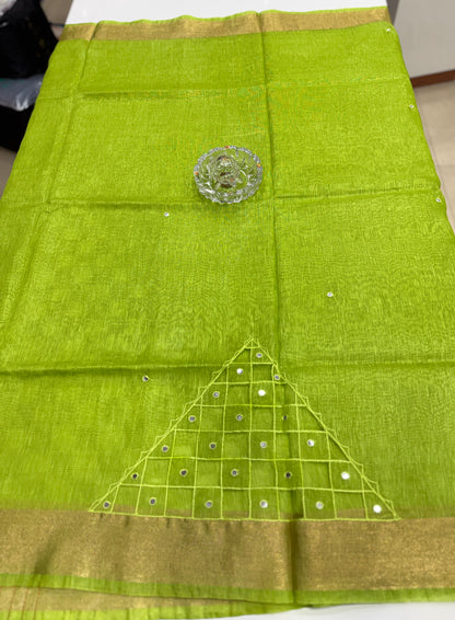 Pure Tissue 150 Count Linen Handloom Saree with Handwork and Running Blouse for Women