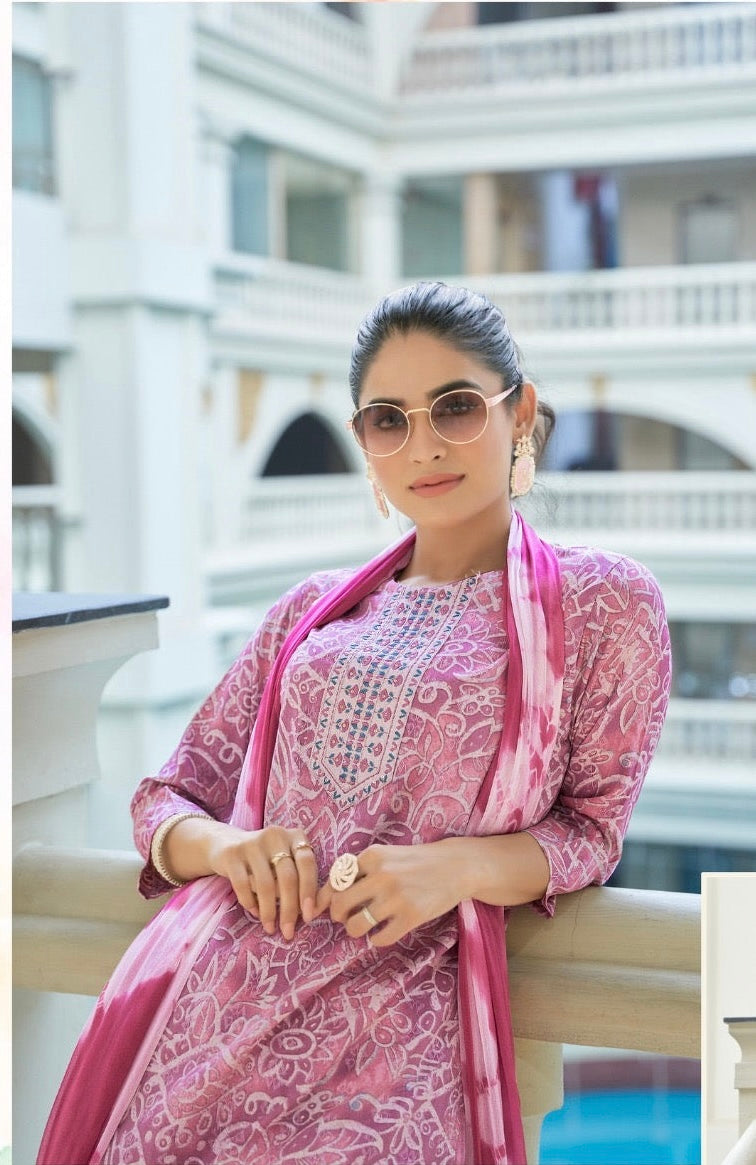 Bamboo Fabric Dobby Foil Print Straight Cut Kurta Pant Dupatta Set with Embroidery – Sizes XL to 3XL