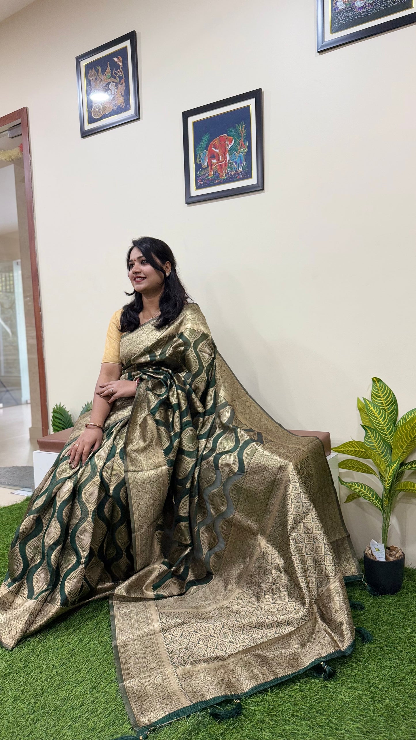 Organza Woven Saree in Deep Navy with Zari Work and Contrast Border – Festive Wear for Women