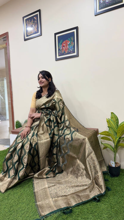 Organza Woven Saree in Deep Navy with Zari Work and Contrast Border – Festive Wear for Women