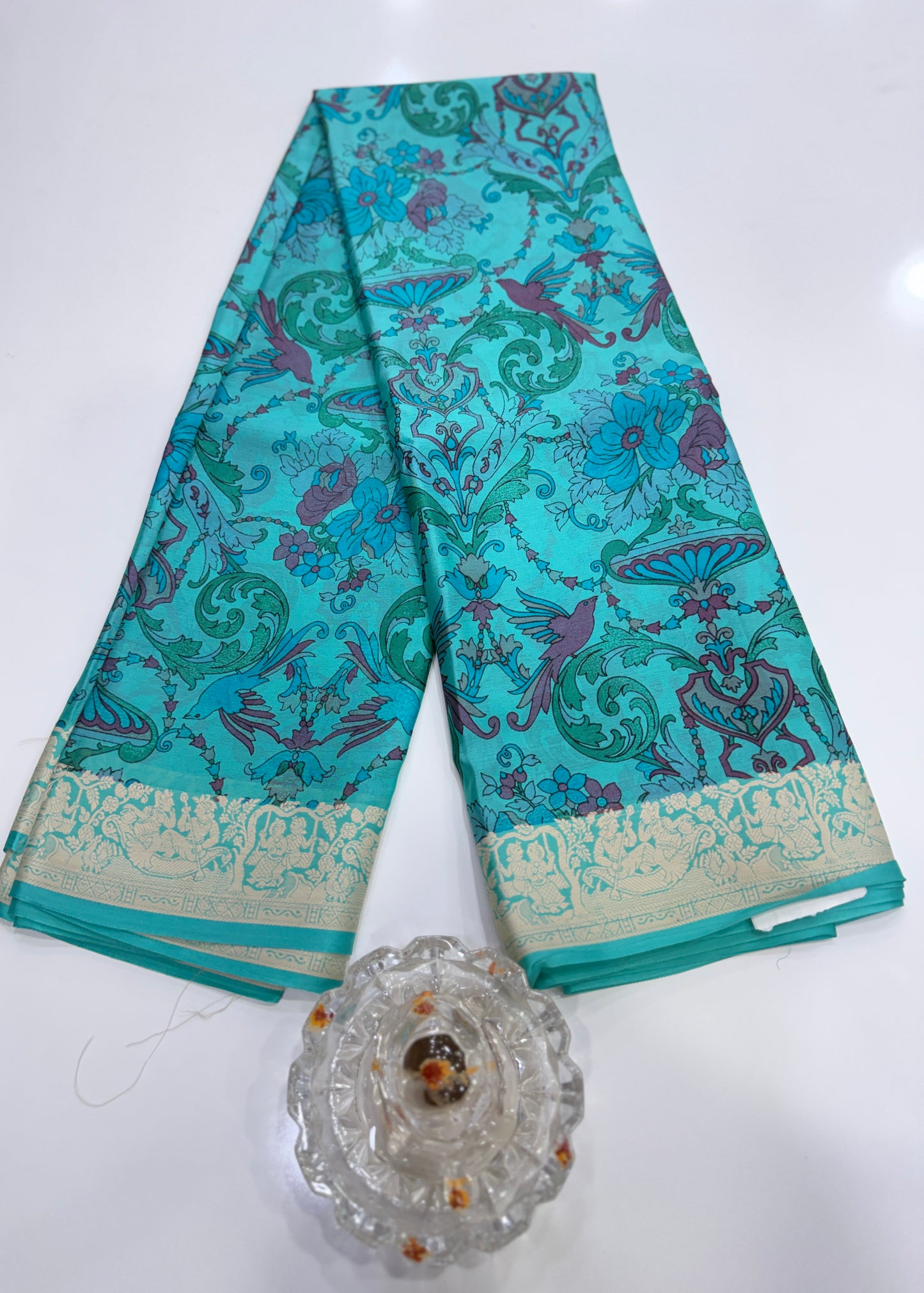 Pure Crepe Mysore Silk Saree for Women – Kalamkari Print with Kathan Border, 75 Gram, Silk Mark Certified