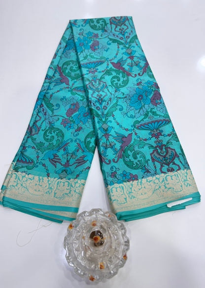 Pure Crepe Mysore Silk Saree for Women – Kalamkari Print with Kathan Border, 75 Gram, Silk Mark Certified