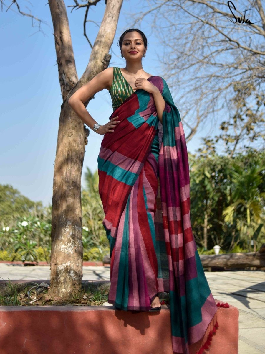 Rangoli Stripe Handloom Cotton Saree with Blouse Piece – Handwoven Traditional Pattern for Women