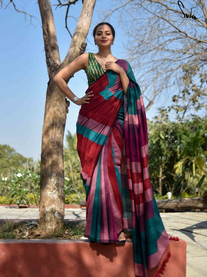 Rangoli Stripe Handloom Cotton Saree with Blouse Piece – Handwoven Traditional Pattern for Women