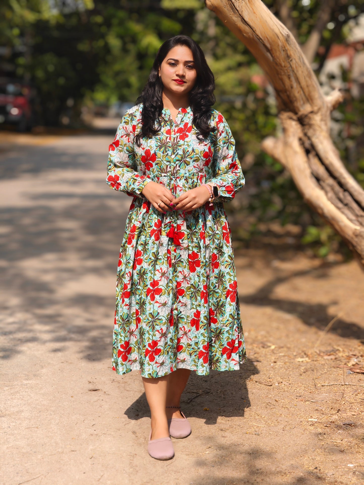 Blue Cotton Floral Gathered Dress for Women – Sizes L to 3XL