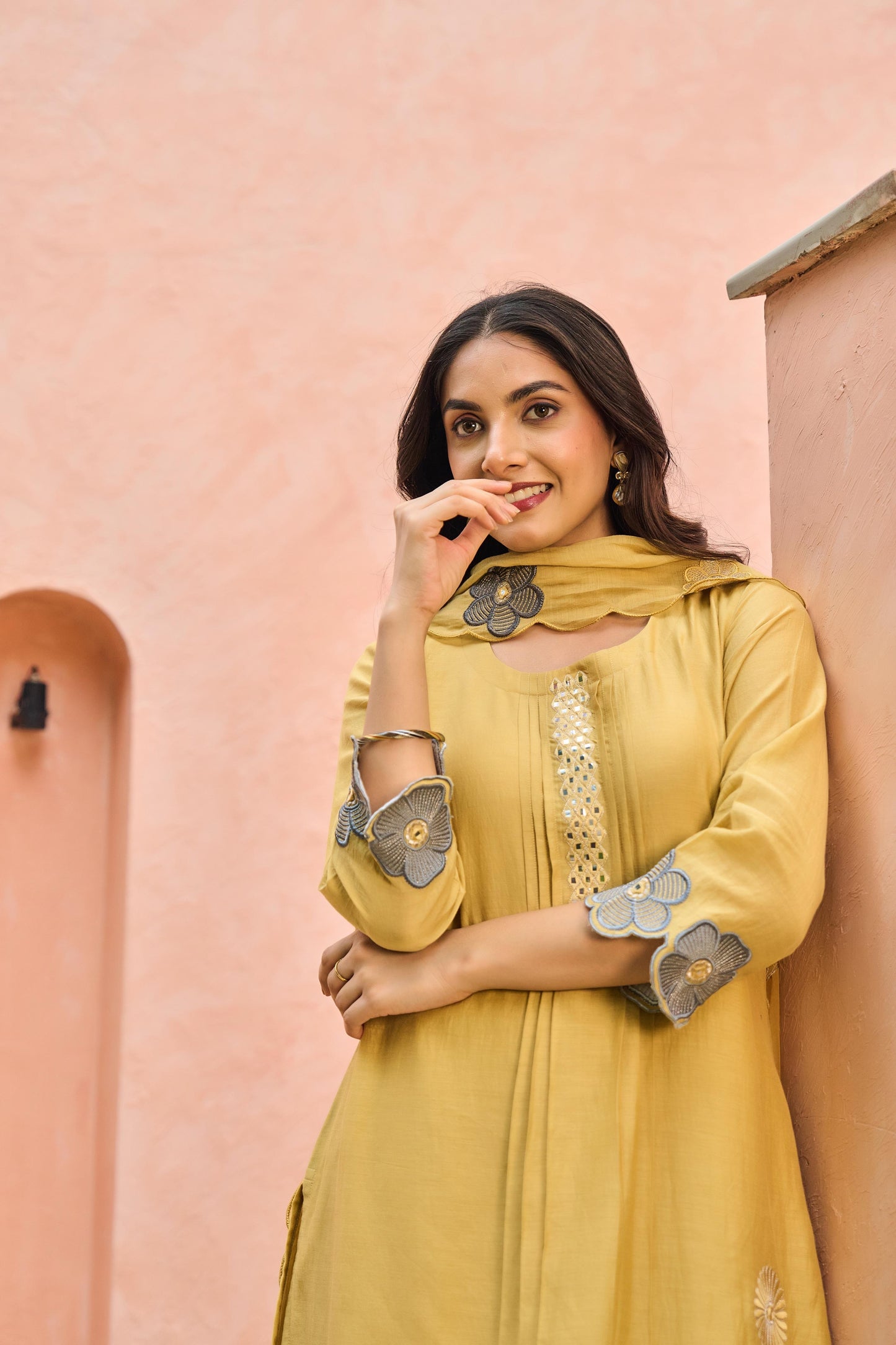 Mal Chanderi Kurta Pant Dupatta Set with Embroidery, Patchwork, and Cutwork – Women’s Suit Set