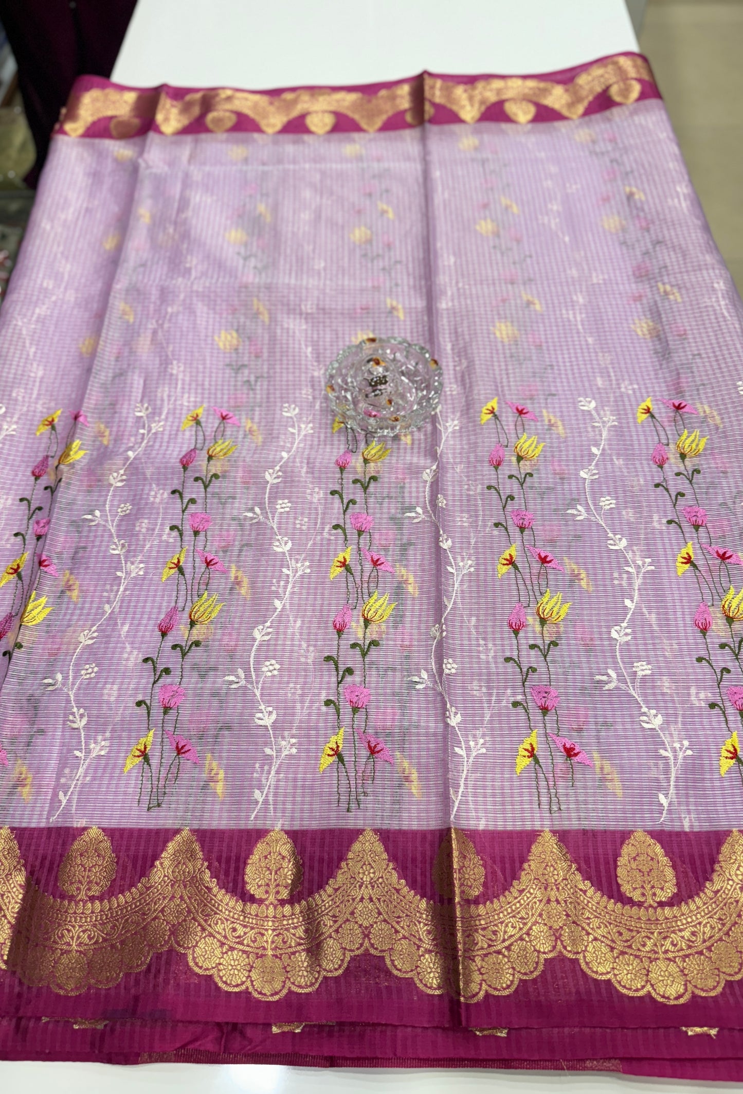 Banarasi handloom Kota check saree with mina embroidery, scalloped border and zari chit pallu
