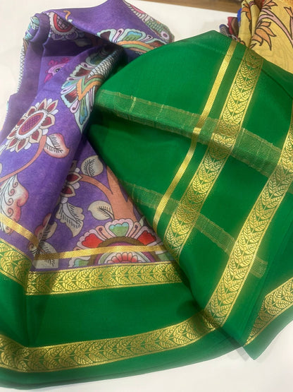 Pure Crepe Mysore Silk Saree for Women – 75 Gram, Digital Print, Contrast Blouse, Silk Mark Certified