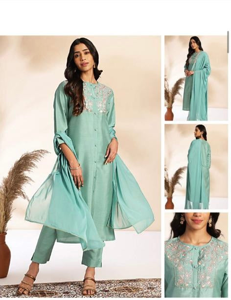 Mint Green Silk Kurta Pant Dupatta Set with Embroidery for Women – Sizes L to 3XL