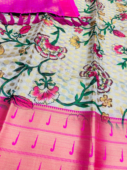 Paithani Silk Saree with Digital Print, Goli Zari Weaving and Tassel Pallu – Contrast Blouse