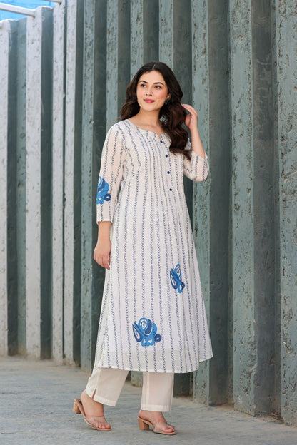 Striped Mul Cotton Kurta Pant Set for Women with Breathable Lining and Button Detailing