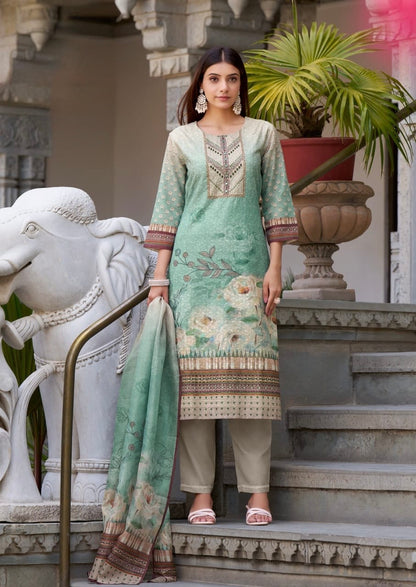 Cotton Schiffli Digital Print Suit Set with Muslin Dupatta and Khatli Handwork – L to 3XL