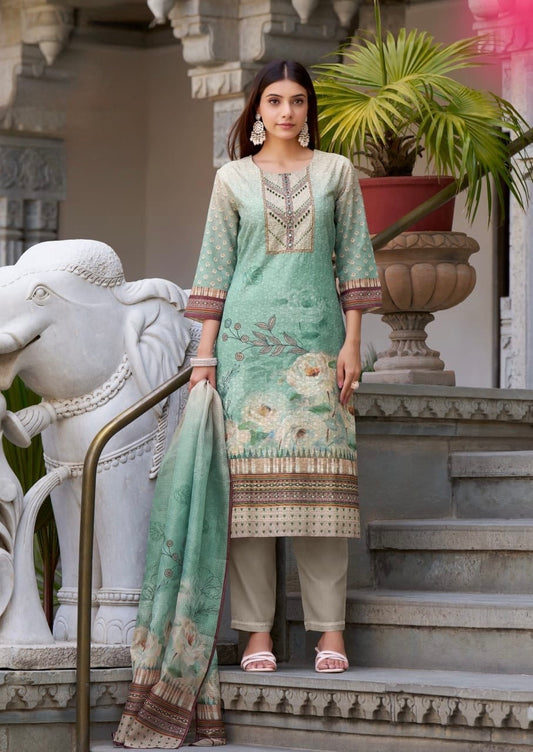 Cotton Schiffli Digital Print Suit Set with Muslin Dupatta and Khatli Handwork – L to 3XL