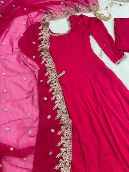 Fuchsia Georgette Embroidered Anarkali Set with Dupatta and Bottom – Sizes S to XL – 4.5m Flare