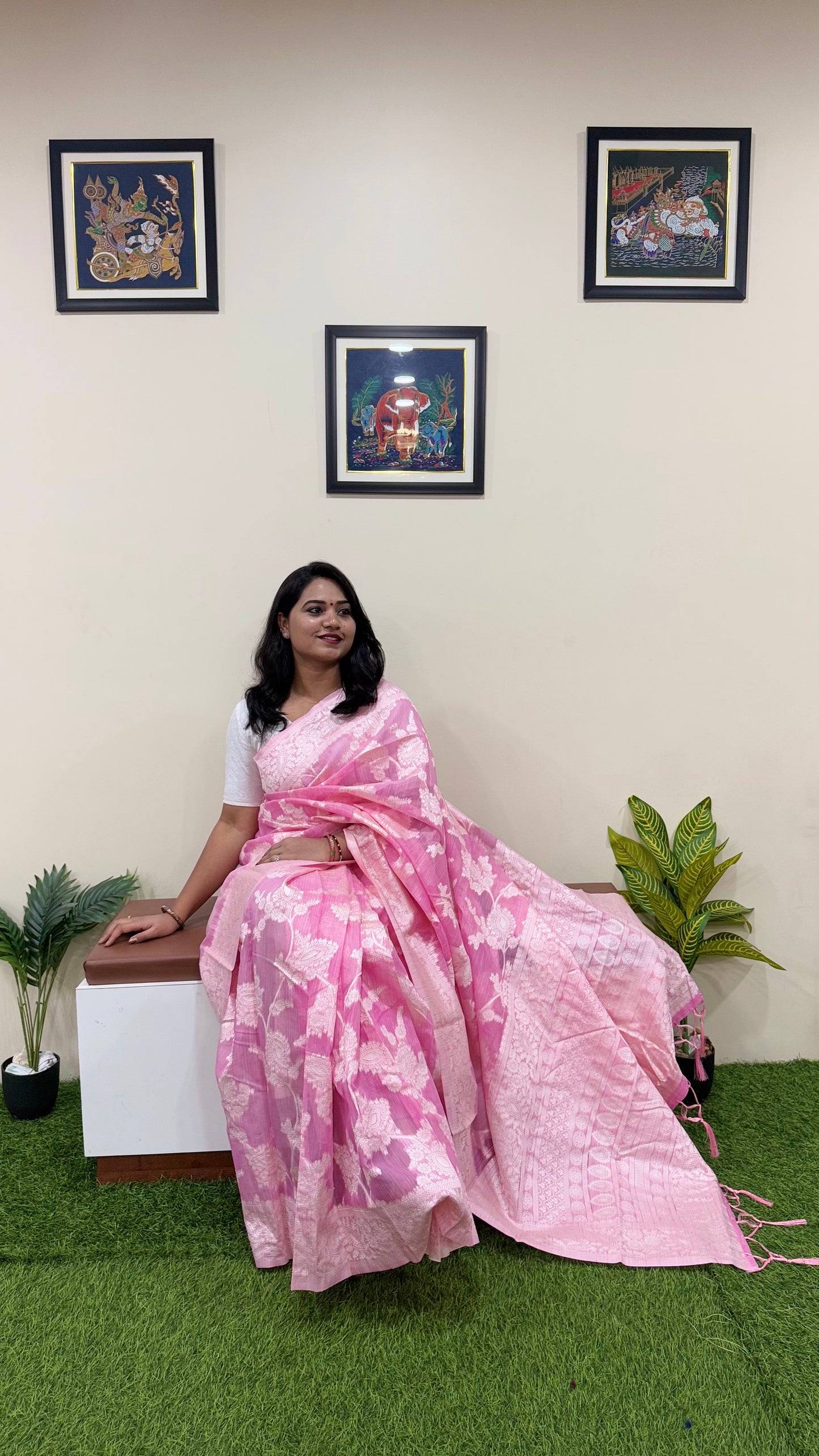 Pink Banarasi Linen Cotton Saree with Zari Floral Weaving and Contrast Pallu – Festive Wear