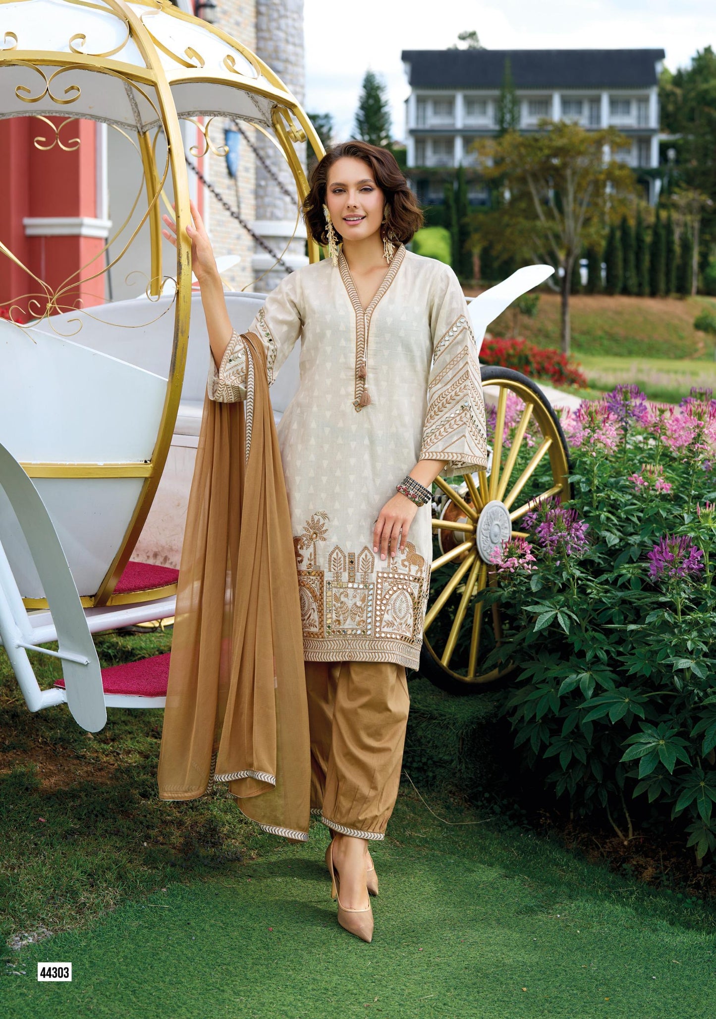 Cotton Dobby Kurti Afghani Pant Dupatta Set with Mirror Hand Work and Chiffon Dupatta for Women
