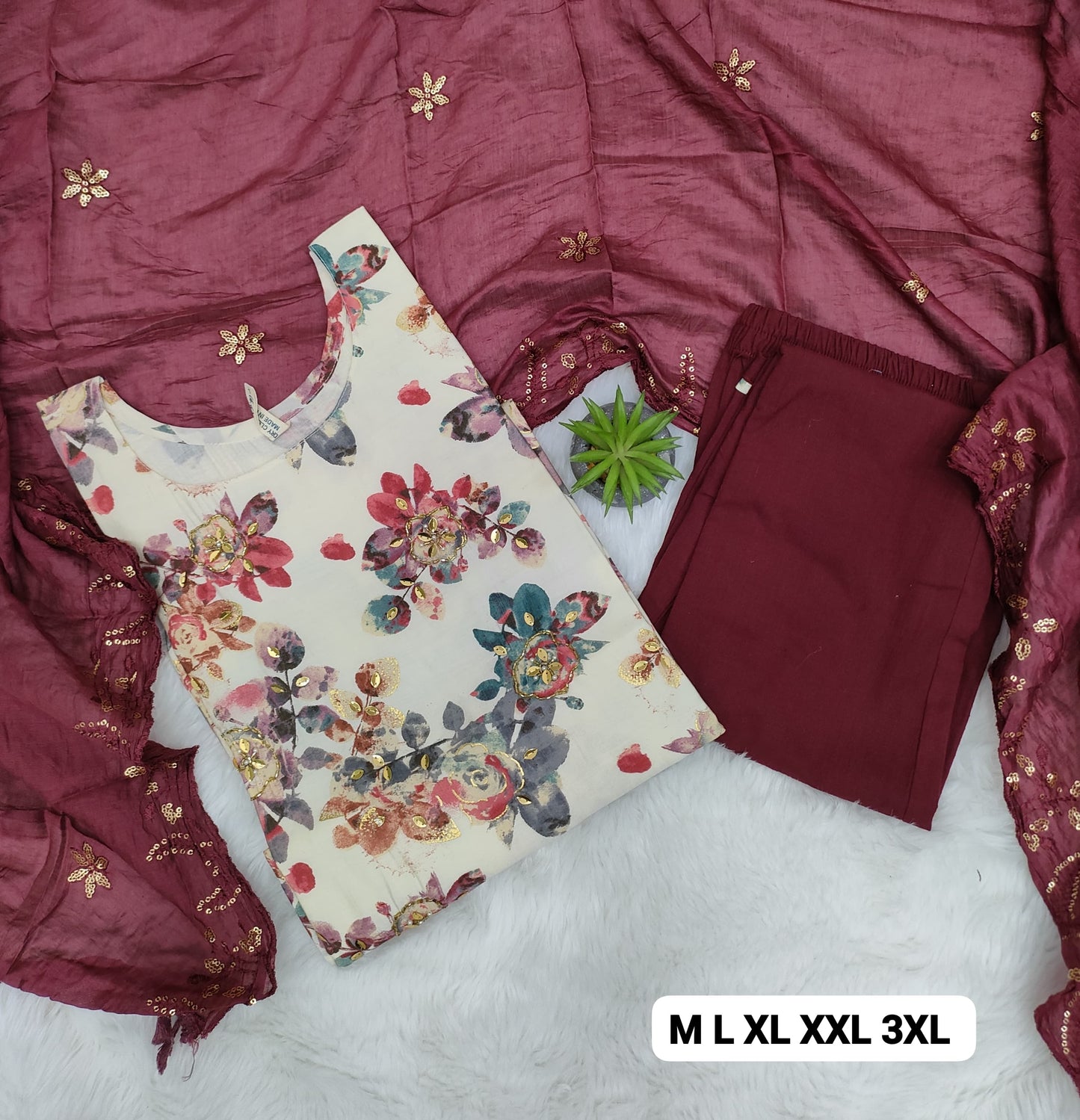 Handcrafted Modal Silk Kurti with Pant & Heavy Work Dupatta – Sizes M to 3XL