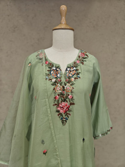 Pastel Green Roman Silk Kurta Set with Multi-Color Floral Embroidery and Organza Dupatta – 3-Piece Set for Women