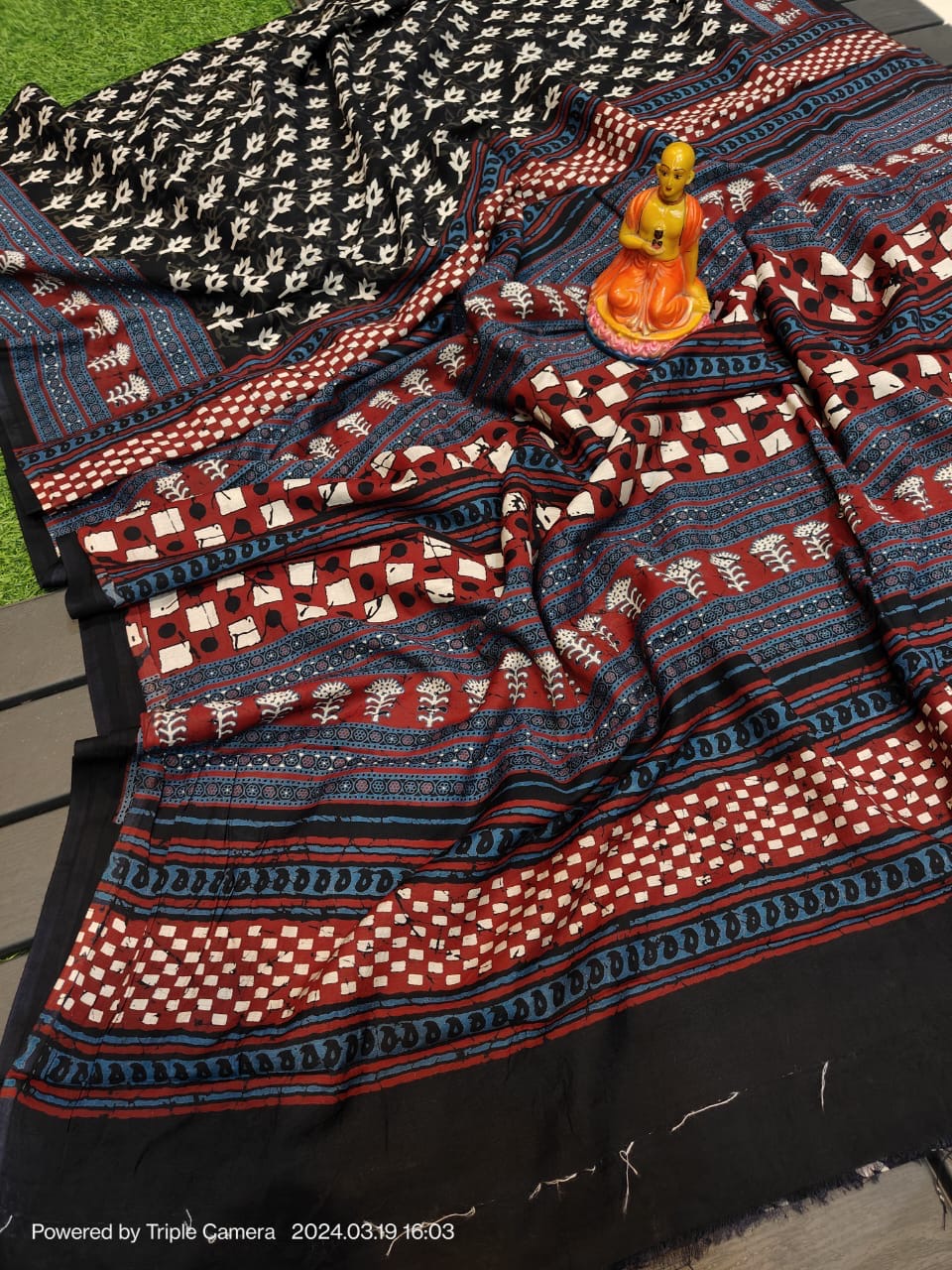 Semi Modal Silk Saree with Hand Block Prints and Contrast Blouse for Women