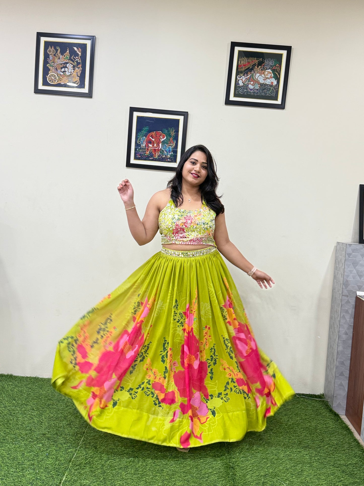 Faux Georgette Designer Lehenga Set with Mirror Work, Zari Detailing and Cowrie Shell Jacket