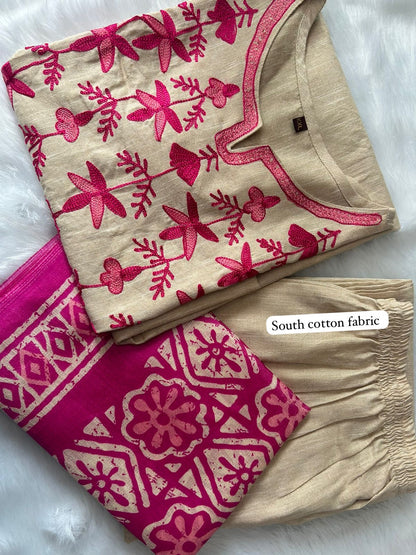 Handloom South Cotton Kurta Pant Set with Aari Embroidery and Silk Dupatta for Women