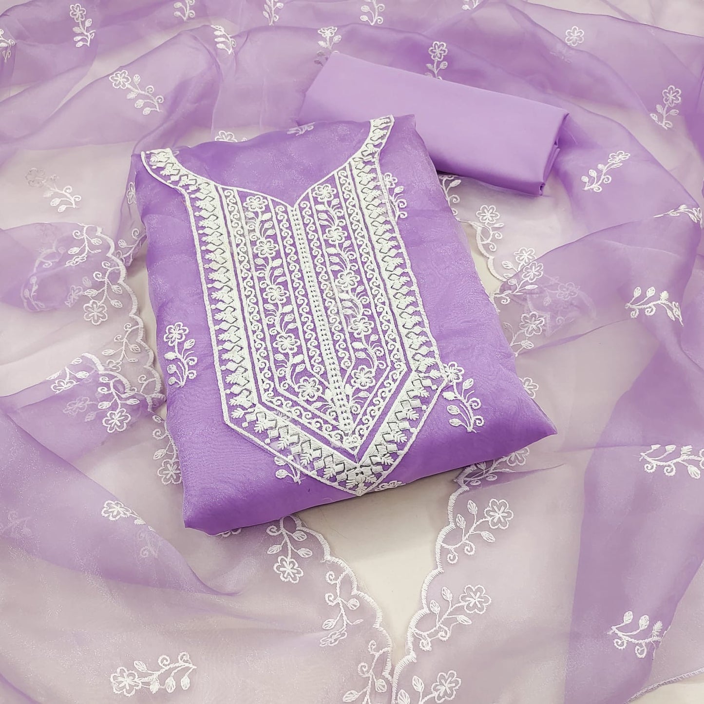 Unstitched Organza Silk Dress Material with Multi-Work Detailing, Micro Fabric Bottom and Organza Dupatta