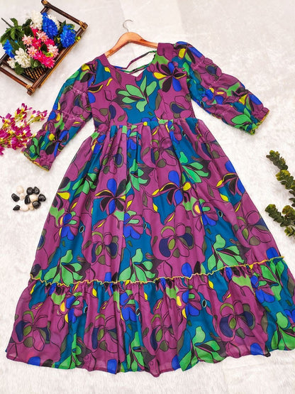 Women’s Floral Fox Georgette Maxi Dress with Frills – Sizes S to XXXL