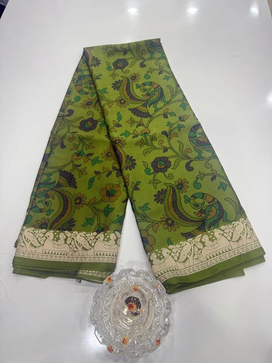 Pure Crepe Mysore Silk Saree for Women – Kalamkari Print with Kathan Border, 75 Gram, Silk Mark Certified