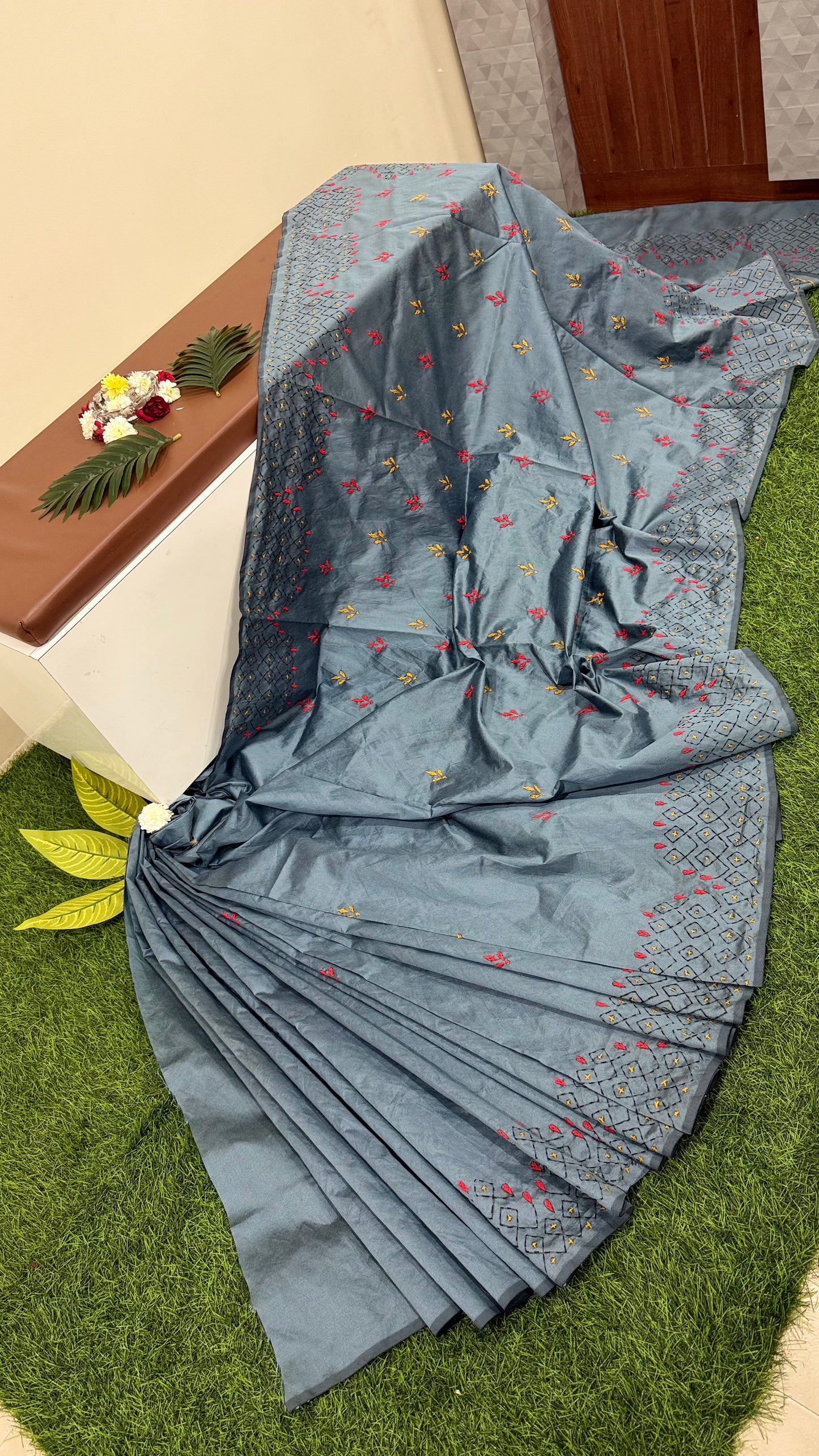 Assam Silk Saree with Kantha Stitch Hand Embroidery and Matching Blouse – Women’s Ethnic Wear