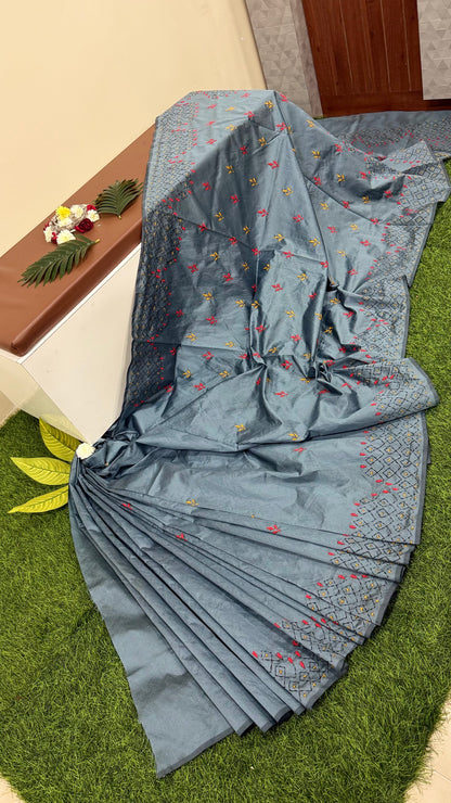 Assam Silk Saree with Kantha Stitch Hand Embroidery and Matching Blouse – Women’s Ethnic Wear